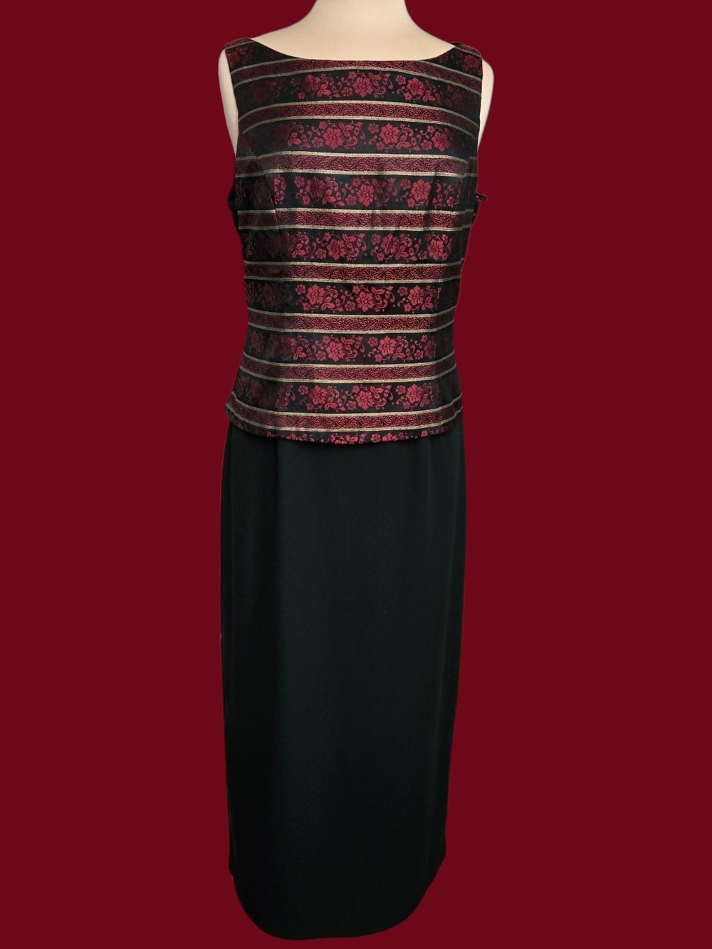 Jessica Howard Black Maxi Dress with Burgundy Brocade Bodice Sz 14
